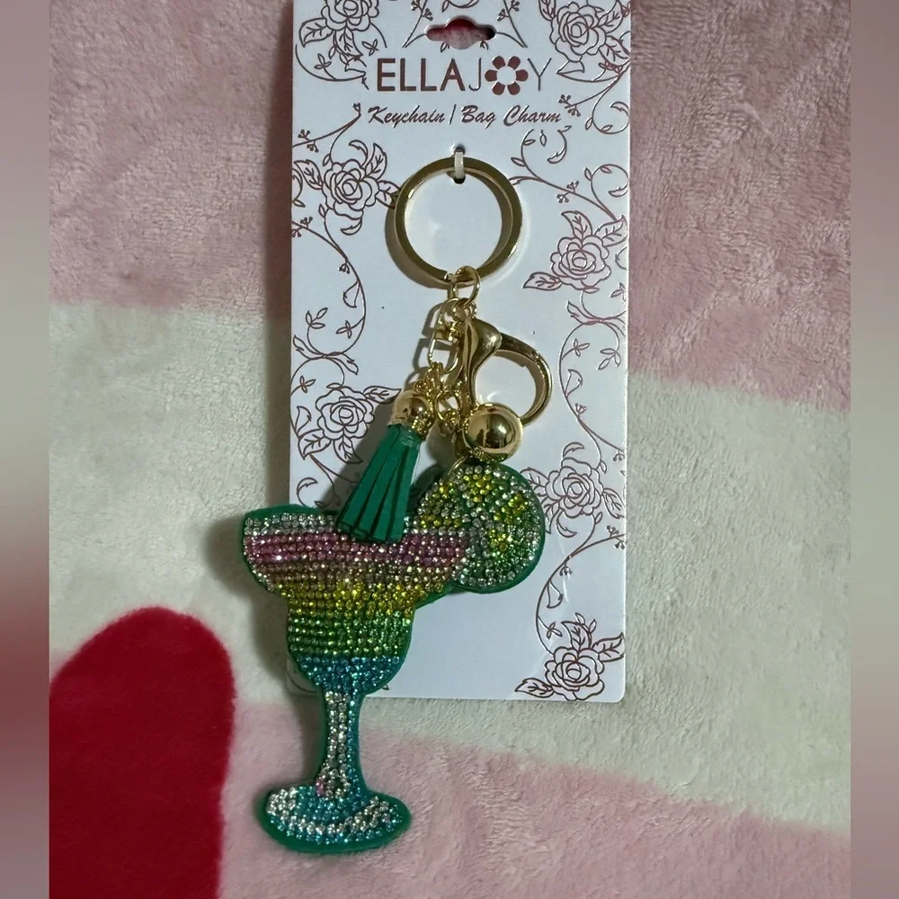 Ella Green Jeweled Margarita Glass Keychain Bag Charm with Tassel